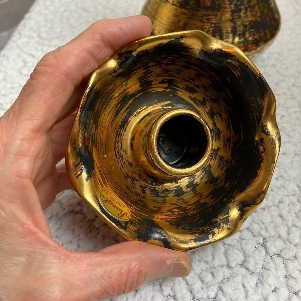 Vintage Stangl 22k Black Gold Vase/2 Candle Holders